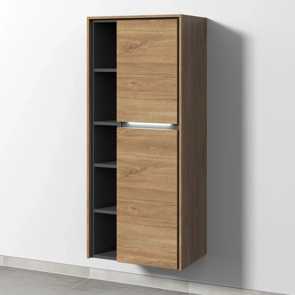 Sanipa Twiga Stauraumschrank mit LED-Beleuchtung, 2 Türen und offenen Fächern, Eiche-Kansas, SY11559 SY11559