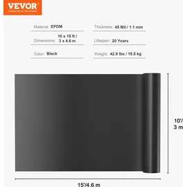 Vevor Teichfolie, 10 x 15 Fuß, 45 mm Dicke, biegsame Teichfolien aus EPDM-Material, leicht zu schneidende Unterlage für Fisch- oder Koi-Teiche, W... - Schwarz