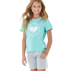 Buffalo Pyjama BUFFALO, Mädchen, Gr. 170/176, grau (mint, grau, meliert), Jersey, Obermaterial: 100% Baumwolle, bedruckt, Basic, bequem kurz, Rundhals, abgesteppte Kante, Homewear-Sets Pyjama, Schlafanzug mit Herz Print vorn