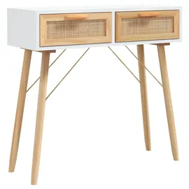 vidaXL Konsolentisch 80x30x75 cm Weiß Massivholz Kiefer Natur-Rattan