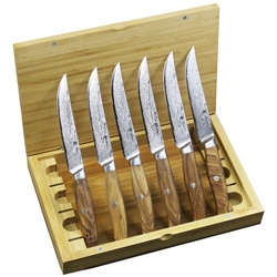 Wakoli Messer-Set 6er Damast Steakmesser-Set, Klingenlänge 12.50 cm – Olivenholz Griffe
