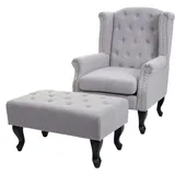 Mendler Sessel Chesterfield, Relaxsessel Clubsessel Ohrensessel, wasserabweisend Stoff/Textil ~ grau mit Ottomane