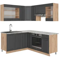 Vicco Eckküche Küchenzeile Einbauküche Fame-Line Landhaus Eiche Anthrazit Gold 190 cm Schubunterschrank Spülenunterschrank Eckunterschrank Herdumbauschrank Hängeglasschrank Hängeschrank