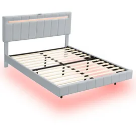 XDOVET Polsterbett mit LED-Leuchten und Kopfteildesign Doppelbett-Gästebett Hautfreundlichem Leinen 160 x 200 cm Grau - Grau
