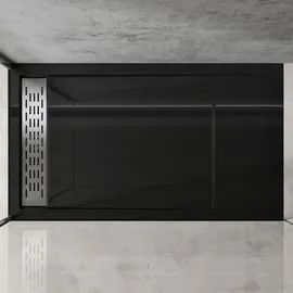 doporro Duschtasse Duschwanne 80x90x5cm flach aus Acryl in schwarz Rechteckig DIN-Anschlüsse für bodenebene Montage geeignet mit Abnehmbarer Abdeckung Xetro04w