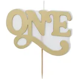 Partydeco Geburtstagskerze ONE Schriftzug 6,5cm Babykerze Kuchenkerze Tortenkerze 1. Geburtstag Kindergeburtstag Geburtstagsdeko Tortendeko Gold Weiß