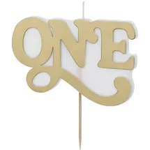 Partydeco Geburtstagskerze ONE Schriftzug 6,5cm Babykerze Kuchenkerze Tortenkerze 1. Geburtstag Kindergeburtstag Geburtstagsdeko Tortendeko Gold Weiß