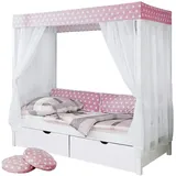 TICAA Himmelbett Lino 90 x 200 cm Kiefer weiß inkl. 2 Schubkästen stern-rosa
