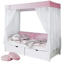 TICAA Himmelbett Lino 90 x 200 cm Kiefer weiß inkl. 2 Schubkästen stern-rosa