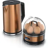 Arendo Frühstücksset, Wasserkocher ELEGANT mit Eierkocher SEVENCOOK Edelstahl Kupfer, Wasserkocher 1,5L, Eierkocher 1-7 Eier, Messbecher