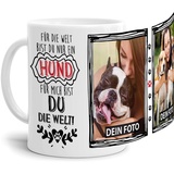 Tassendruck Fototasse mit Spruch - Mein Hund, Meine Welt - zum Selbst gestalten mit 2 Fotos für Hundebesitzer, Weiß, 300 ml