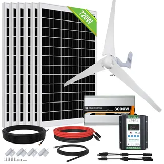 ECO-WORTHY 1120W 24V Solar Wind Wechselrichter Strom Kit: 400W Windturbine Generator + 6 Stücke 120W Solarpanel + 3000W 24V Sinuswechselrichter + Hybrid Laderegler für Haushalt netzunabhängiges System