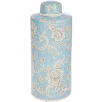 Gilde Deckelvase Fayencen - Keramik - glasiert - Blumenmuster - zylindrisch - Höhe 44 cm x Ø 18 cm - blau