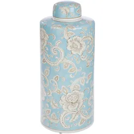 Gilde Deckelvase Fayencen - Keramik - glasiert - Blumenmuster - zylindrisch - Höhe 44 cm x Ø 18 cm - blau