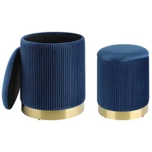 EGLO living 2er Set Hocker mit Stauraum Mashike, elegante Sitzhocker, runde Couch Beistellhocker, Pouf aus Samt in Blau und Metall in Gold,