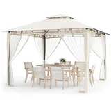 Amopatio Garten Pavillon 2.8x2.8 Wasserdicht Stabil Winterfest, Doppeldach Gartenpavillon mit Moskitonetz, Deluxe Patio Gazebo Wetterfest, Partyzelt Gartenlaube Metall für Pool Seite, Terrasse, Beige