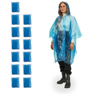 Relaxdays Regenponcho Einweg, 13er Set, Einmal Regencape mit Kapuze, Erwachsene, Notfallponcho Damen, Herren, blau