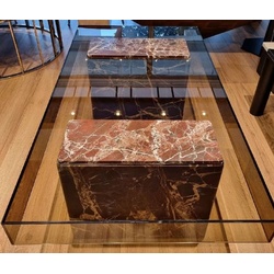 Casa Padrino Luxus Couchtisch Rot 130 x 70 x H. 41 cm - Rechteckiger Marmor Wohnzimmertisch mit Glasplatte - Wohnzimmer Möbel - Luxus Möbel - Marmor Möbel - Luxus Einrichtung