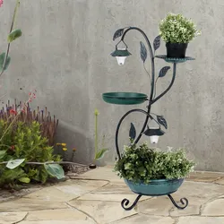 Blumen Pflanz Ständer Untertopf Vogelbad Außen Solar Steh Lampe Garten Vogeltränke grün
