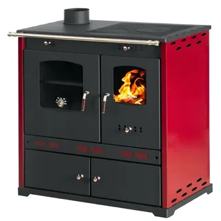 Prometey Kaminofen mit Backfach und Herdplatte Perfect Eco Lux Rot Links Holzofen 7 kW Kamin Ofen Holz Werkstattofen Hüttenofen Heizofen Gartenofen