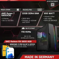 SYSTEMTREFF Gaming Komplett PC - Ryzen 7 5800X3D - AMD RX 6600 8GB - 32GB DDR4 - 1TB M.2 SSD (NVMe) MSI Spatium + - 24 Zoll TFT - Desktop