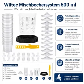 Wiltec Mischbechersystem 600ml 50x Filter 125μm Lackmischbecher Autolackierung