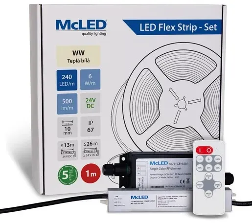 McLED LED-Band - Satz 1 m + Empfänger Nano IP67, 240 LED/m, WW, 6 W/m, DC 24V, 500 lm/m, CRI90, IP67, 10 mm, Konduktor 3 m ML-126.034.90.S01002