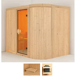 Sauna KARIBU "Thyra 4", beige (naturbelassen), ohne Ofen, (ohne Ofen), Saunen, ohne Ofen