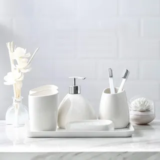 HUIJ Bad Accessoires Set Badezimmer Set Lotion-Flaschen Seifenspender Zahnputzbecher Seifenschale Bad Zubehör (Weiß) BADSET Badezimmer ZUBEHÖR Set aus Keramik Seifenschale,Ablage