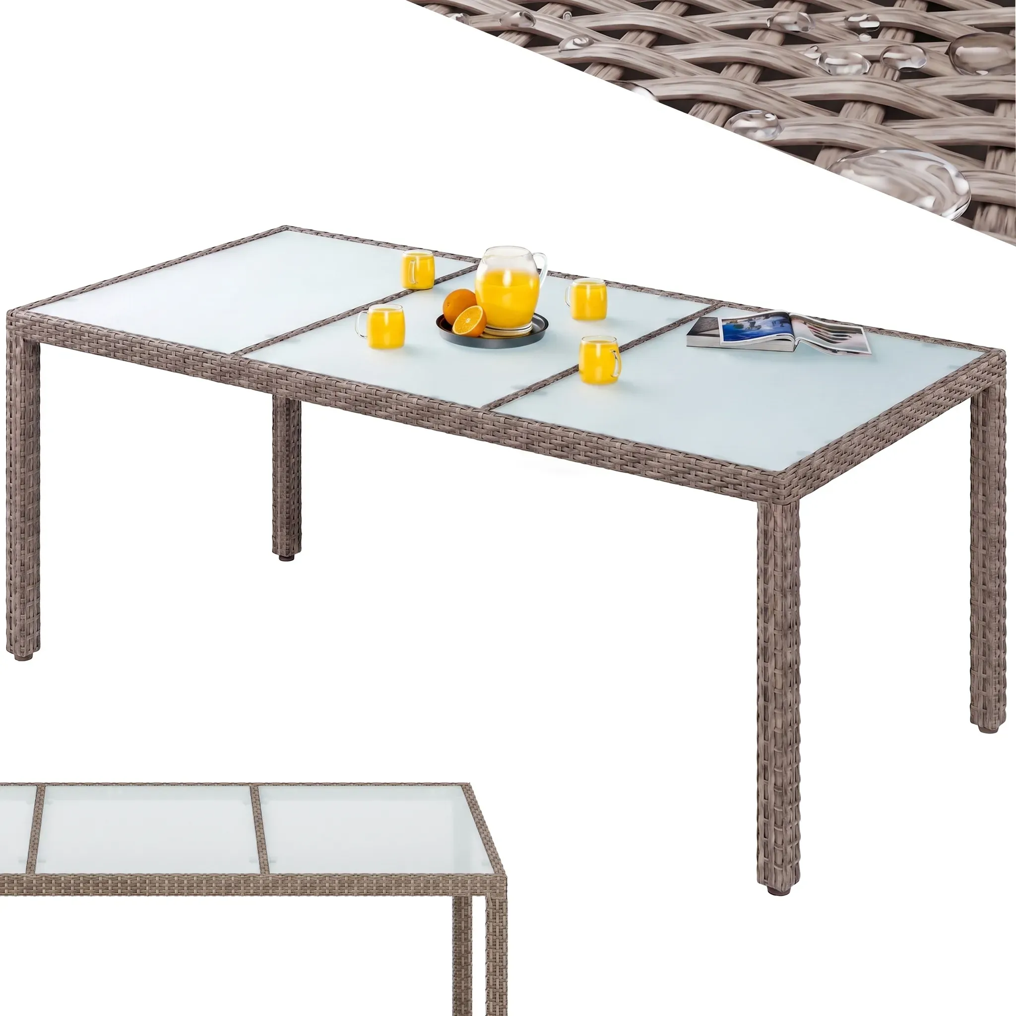Gartentisch Creme Wetterfest 190x90x75cm Polyrattan Höhenverstellbar 5mm Sicherheitsglas Esstisch