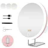 JJhxr 30X Vergrößerungsspiegel mit Licht,15.24 cm großer Makeup Vergrößerungsspiegel, 3 Farben Dimmbarer Makeup Spiegel mit 360° Tischständer, Tragbarer LED Vergrößerungsspiegel mit 3 Saugnäpfen
