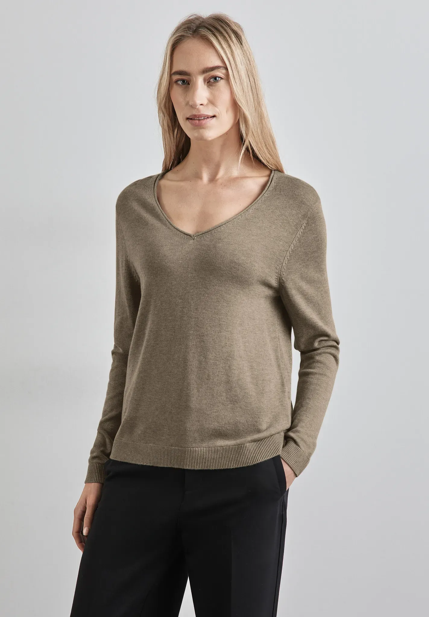 Strickpullover STREET ONE, Damen, Gr. 36, beige (mocha glow meliert), Stoff, 60% Viskose, 40% Baumwolle, unifarben, normal normal, V-Ausschnitt, Bündchen, Pullover Strickpullover, mit V-Ausschnitt