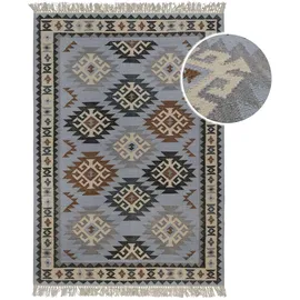 Green Looop Wollteppich GREEN LOOOP "Blancard", blau (hellblau), B:140cm H:5mm L:200cm, Wolle, Teppiche, Fransen, Kelim, handgewebt, Natur, Wohnzimmer, Schlafzimmer, Ethno