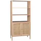 sweeek Bücherregal mit Rattangeflecht - Bohème - 4 Ebenen, 2 Türen, 5 Regale