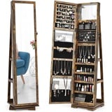 COSTWAY Schmuckschrank, Spiegelschrank mit Ganzkörperspiegel und eingebauter Make-up-Spiegel, abschließbar, stehend, Schmuckaufbewahrung, Schmuck-Organizer mit Schlüsseln (Braun)