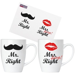 BRUBAKER Tasse 2er-Set Kaffeetassen Mr. Right & Mrs. Always Right, Keramik, Kaffeebecher in Geschenkpackung mit Grußkarte, Becher Tassen Geschenkset für Paare rot|schwarz|weiß