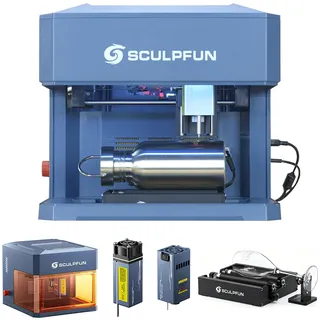 SCULPFUN iCube Ultra Doppelmodule Lasergravierer mit RA Mini Rotationswalze, 12W Diodenlaser + 1,2W Infrarotlaser, Gehäuse Laser Gravurmaschine mit Rauchfilter, Tragbare Laser Cutter Lasergravur