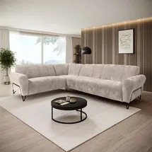 beautysofa Ecksofa VOLARE L-Form, Ottomane rechts, Chenille Vega in Hellbeige, Sofa ohne Schlaffunktion, dekorative schwarze Metallbeine - Beige/Creme