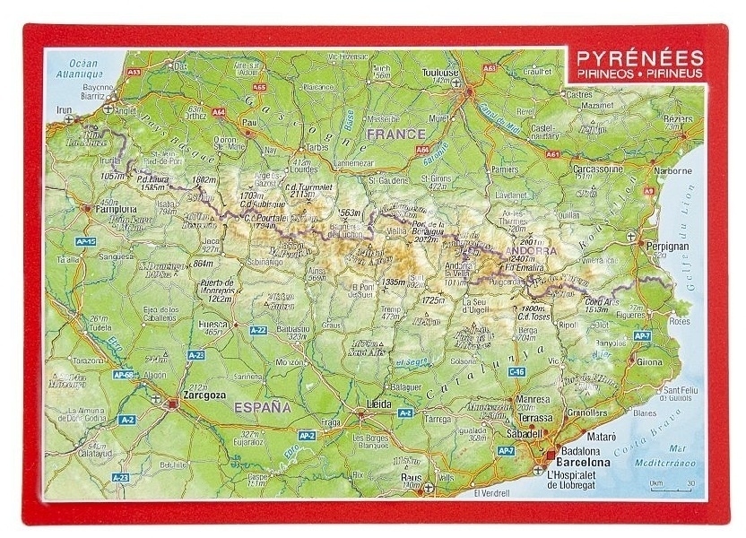 Reliefpostkarte Pyrenäen. Pirineos / Pirineus