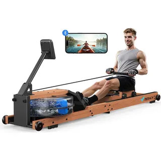 MERACH Wasser Rudergerät Holz Klappbar, Gummibaummaterial & Komfortabler Sitz, mit Exklusiver APP mit Interaktiven Karten Spiel, Immersives Rudererlebnis, Ideal für Heimfitness(R28 Faltbar)