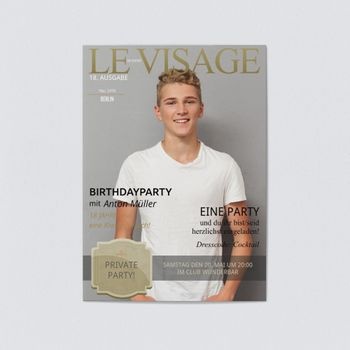 Einladungskarten 18. Geburtstag (5 Karten) selbst gestalten, Magazin - Le Visage - Homme - Grau