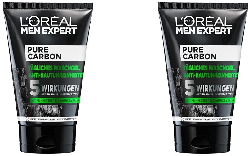 L'Oréal Paris Men Expert Waschgel für das Gesicht, Unreine Haut, Gesichtsreinigung für Männer, Pure Carbon Waschgel Anti-Hautunreinheiten, 1 x 100 ml (Packung mit 2)