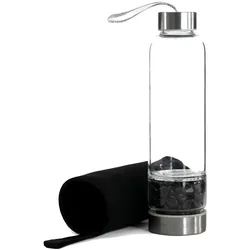 Intirilife Trinkflasche Wasserflasche mit Heilsteinen und schwarzer Tasche - Schwarzer Obsidian - 400 ml Füllmenge