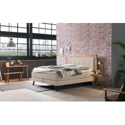 Boxspringbett HASENA "Oakland", beige (beige, metall used), B:164cm L:206cm, Komplettbetten, Boxspringbett, Boxspringbett, Industrial Look, Kopfteil aus Wildeiche, Used-Look