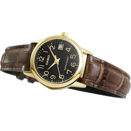 Casio #LTP-V002GL-1B Women's Gold Tone Leather BandDial Date Watch - Braun/Gold/Dunkelblau