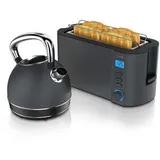 Arendo Frühstücks-Set Edelstahl Wasserkocher 1,7l, 4-Scheiben Langschlitz Toaster, Cool Grey (2-tlg), Frühstücksset, Wasserkocher Retro, 2200W, Toaster Brötchenaufsatz schwarz