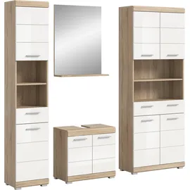 WELLTIME Badmöbel-Set "Siena, 4 teilig, bestehend aus:", weiß (eiche sonoma hell nb, weiß hochglanz mdf tz), B:186cm H:191cm T:34cm, Holzwerkstoff, MDF, Kastenmöbel-Sets, Badmöbel-Set, Hochschrank, Waschbeckenunterschrank, Badspiegel, Hochschrank breit