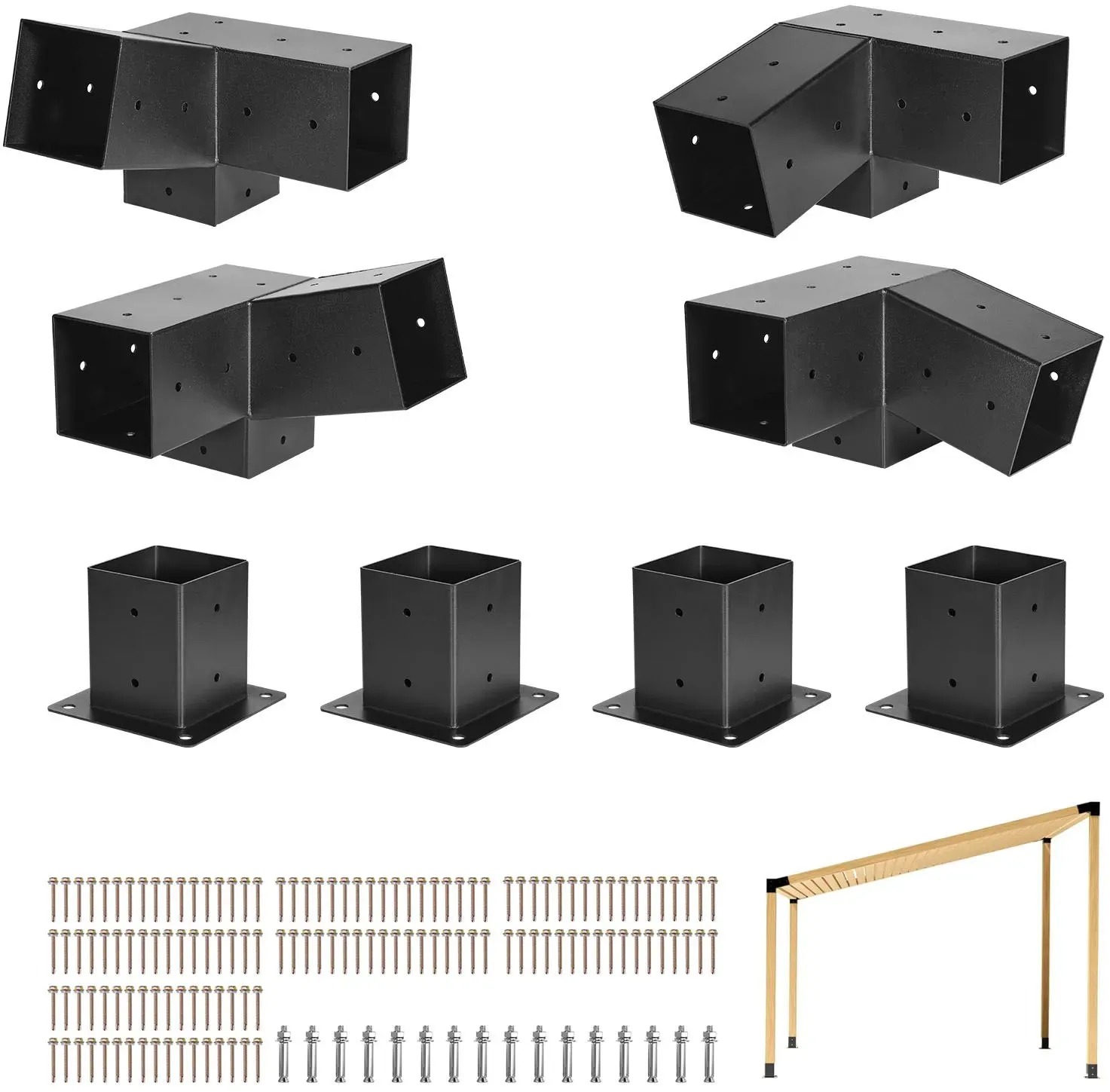VEVOR Pfosttenverbinder, 3-Wege-Schräghalterung für 92 x 92 mm, Pergola-Halterung aus Karbonstahl mit Schrauben & Pfostensockeln, für Holzpergolen im Freien, Pavillons, Schuppen, 8 Stück