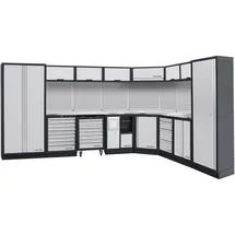 Kraftwerk 8-Element-Schrankwand mit Vierkantlochwand Länge 3819 mm 2824 mm Inox Arbeitsplatte