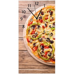 Wallario Wanduhr Italienische Pizza mit Peperoni, Oliven. Paprika und Käse (Glasuhr) gelb 30 cm x 60 cm